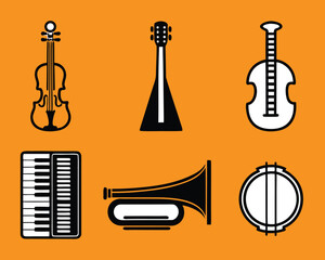 Collection of Musical Instruments in Black and White Silhouette Style on Orange Background
