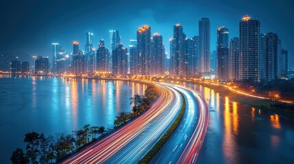 Obraz premium A vibrant cityscape at night, where long exposure trails of cars' headlights painted the asphalt in shimmering hues, creating a dynamic and captivating scene 