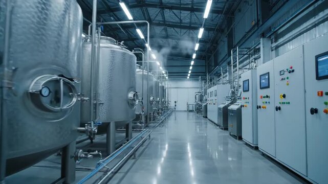 Modern Industrial Factory Interior with Stainless Steel Tanks - A long shot of a clean, modern industrial factory interior featuring rows of large stainless steel tanks, connected by pipes and