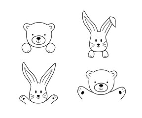 Funny teddy bear and bunny doodle sketch. Vector hand drawn illustration of cute little animals on a white background.