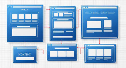 Blueprint design of website layout, showcasing interconnected web pages with blank content sections, ideal for website mockup or design presentation