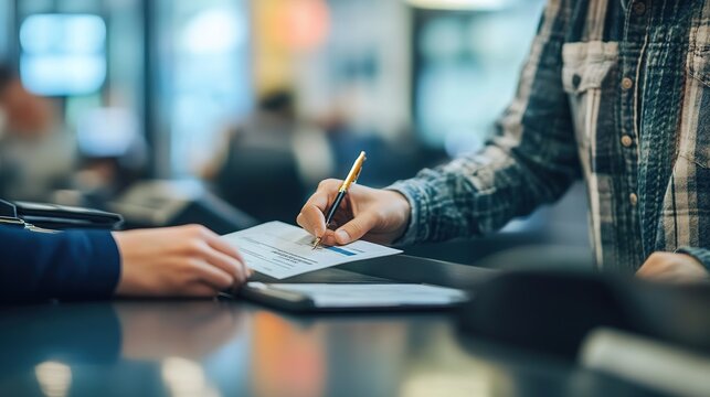 A person signs a document at a counter, indicating a transaction or check-in process, possibly at an airport or service desk.
