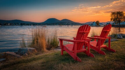 Two red Adirondack chairs face a calm harbor during a vibrant orange sunset
