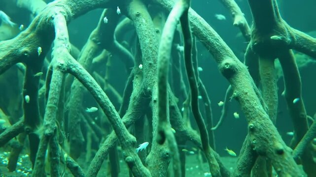 Underwater roots and tiny fish swim in a green aquatic habitat