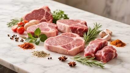 Fresh raw meat cuts displayed on a marble surface with herbs and spices