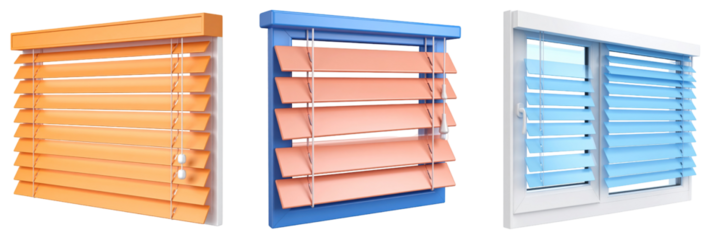 3D Plastic Style Illustration Of Three Colorful Window Blinds With Varying Colors And Designs Isolated On Transparent Background Showcasing Interior Decor
