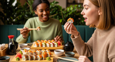 Two happy and diverse friends enjoy a delicious sushi meal together at a modern restaurant sharing laughter and good food in a perfect picture of friendship