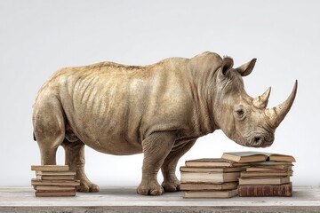 Fototapeta premium A rhino stands on a wooden surface beside piles of old leatherbound books