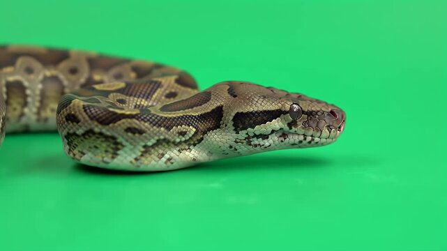 Majestic Ball Python Snake with Striking Patterned Scales and Head Detail on a Bright Green Chroma Key Background
