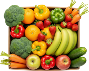 Assortment of fresh fruits and vegetables including broccoli peppers oranges strawberries bananas apples carrots and
