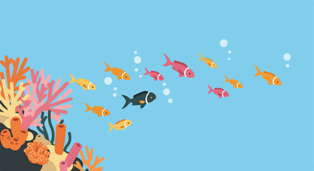 Colorful fish swimming together, reef backdrop, in an aquarium or in nature