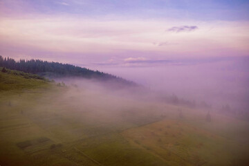 Misty Carpathian mountain meadow aerial view with fog, forest silhouette, purple dawn sky and soft horizon