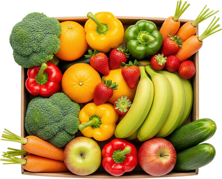 Assortment of fresh fruits and vegetables including broccoli peppers oranges strawberries bananas apples carrots and - Powered by Adobe