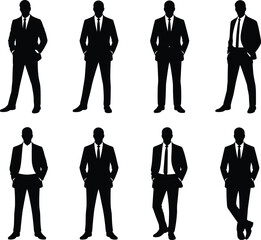 Silhouettes of confident business men in suits standing in various poses, professional, formal attire, corporate style, leadership, teamwork concept