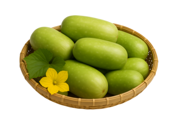 Fresh green winter melons in a bamboo basket with a yellow flower and leaf