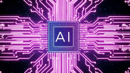 Futuristic artificial intelligence CPU processor chip with glowing pink and purple digital circuit board lines moving on a dark technology background. - Powered by Adobe