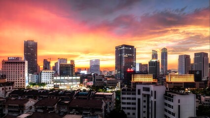 Fototapeta premium Huzhou City Skyline at Sunset with Dramatic Clouds and Vibrant Urban Landscape in Summer Evening Light
