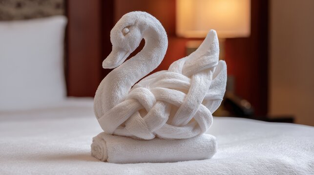 Crafted white swan, skillfully folded from fluffy towels, rests on a hotel bed