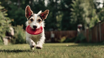 Happy puppy running with bright red frisbee on fresh green grass, playful pet enjoying outdoor summer activity, active dog exercising in nature, joyful canine playing fetch and having fun