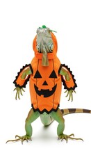 Fototapeta premium iguana dressed as a pumpkin jack-o-lantern Halloween costume, celebration
