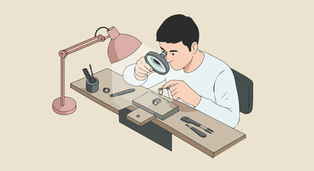 Artisan Inspecting Ring with Magnifier at Workbench. Lamp Illuminates the Process