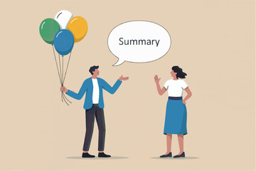 Man offers balloons to woman in conversation bubble surprise greeting celebration gift giving fun