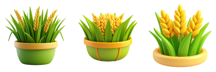 3D Plastic Style Rice Paddy Icons Featuring Green Leaves And Golden Grain In Round Pots On Transparent Background