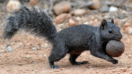 Gray squirrel carries a nut in its mouth on a dirt surface under natural light