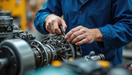 Mechanic repairs complex engine part with precision tools in factory setting. Close-up on hands performing intricate work on metal components, suggesting expertise in aerospace industrial machinery