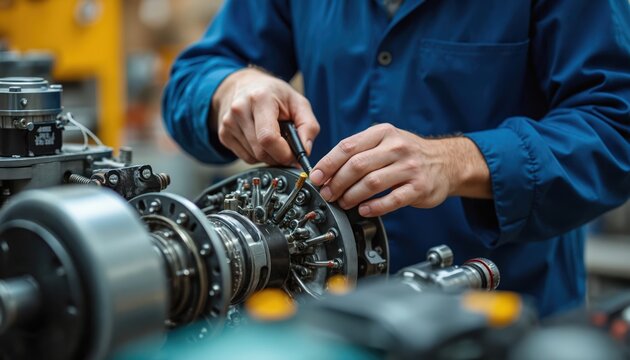 Mechanic repairs complex engine part with precision tools in factory setting. Close-up on hands performing intricate work on metal components, suggesting expertise in aerospace industrial machinery - Powered by Adobe