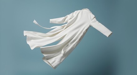 Elegant White Long Trench Coat Flowing in Air on Light Blue Background
