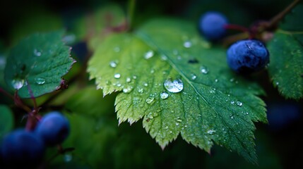 Close-up of water droplets on blueberry leaf margins with green leaves and fuzzy dark purple berries in the background. Form a serene, high-resolution scene.