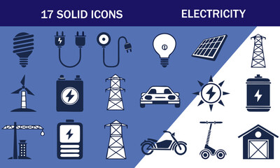 Solid electricity icons, flat minimalist style, dark blue and light blue colors, including plugs, batteries, light bulbs, charging cables, electric car, scooter, bicycle, solar panel, power tower, 