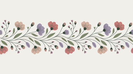 Floral border design featuring stylized flowers and leaves in pastel colors on a light background