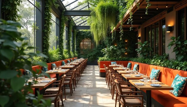 Modern restaurant interior with biophilic design. Outdoor patio seating features orange banquettes, wooden tables set for dining, abundant greenery. Contemporary ambience with tropical plants creates