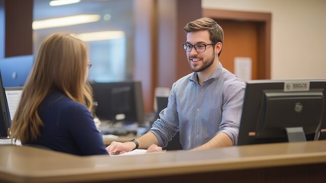 A friendly interaction at a reception desk, showcasing a smiling man assisting a woman with her inquiries in a professional setting.