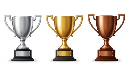 Three realistic trophies, silver, gold, and bronze, displayed on a white background.
