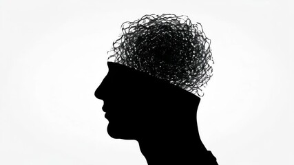 Chaotic Mind Abstract Silhouette - A side profile silhouette of a person's head is shown, with the inside of the head filled with a chaotic mass of lines, symbolizing a troubled or overwhelmed mind.