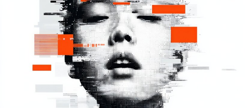 Abstract halftone portrait of a young woman with glitch art effect in orange and gray Concept of digital distortion, technology, and modern art