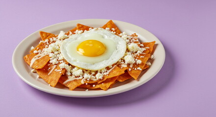 Chilaquiles with Fried Egg and Queso Fresco on Lavender Background