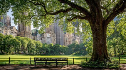 Park bench under a large tree with city skyscrapers visible in the background
