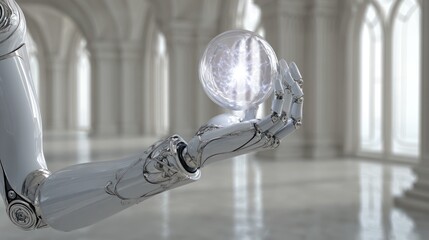 Chrome robotic arm holds glowing orb in bright, arched, white corridor setting