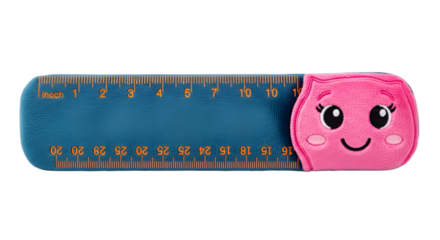 Cute plush ruler toy with a smiling face isolated on transparent background