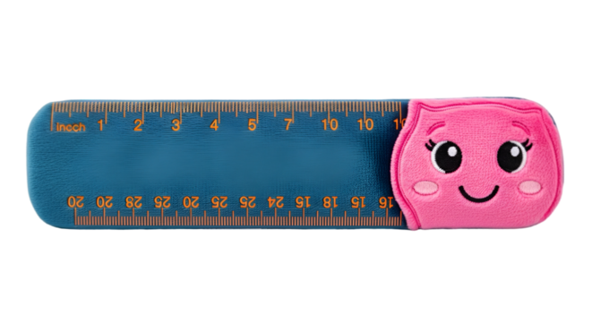 Cute plush ruler toy with a smiling face isolated on transparent background