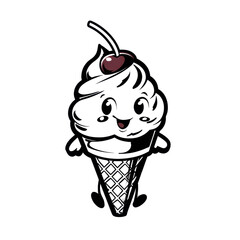 A happy cartoon ice cream cone with a cherry on top and a wide smile smiling