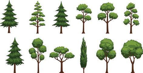 Vector cartoon tree set, forest greenery collection, pine, oak, cypress, flat nature elements, botanical illustration, landscape graphic design asset