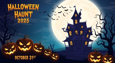 Spooky Halloween 2025 haunt featuring a haunted house, pumpkins, bats, and a full moon.