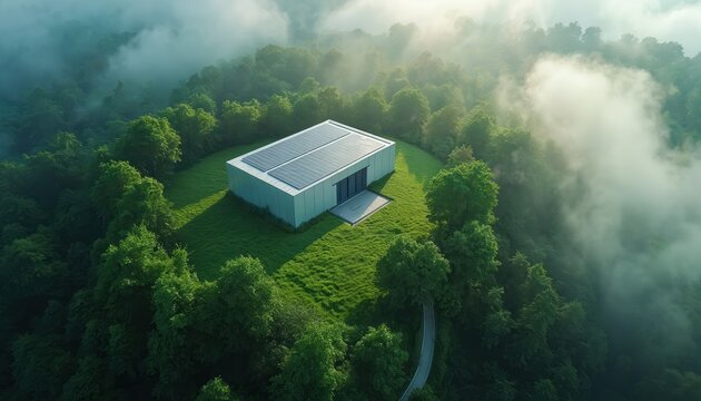 Aerial view of modern data center building with solar panels on roof, surrounded by lush green forest, misty clouds. Eco-friendly technology concept, sustainable energy solution for cloud computing.