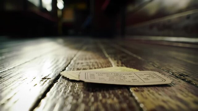 Aged ticket on worn wooden floorboards, viewed up close.