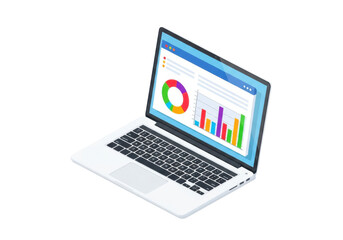 Modern laptop displaying colorful financial data and charts for business analysis transparent background
